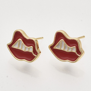 Brass Stud Earring Findings, with Enamel and Loop, Nickel Free, Lip, Red, Real 18K Gold Plated, 10x13mm, Hole: 1mm, Pin: 0.7mm