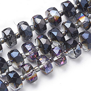 Electroplat Glass Beads Strands, Rainbow Plated, Faceted, Rondelle, Black, 8x5mm, Hole: 1.2mm, about 80pcs/strand, 22.83 inch(EGLA-Q092-8mm-D02)