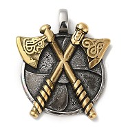 Viking 304 Stainless Steel Pendants, Flat Round with Double Axe Charm, Antique Silver & Golden, 42x35.5x5mm, Hole: 5.5mm(STAS-Z059-10AS)