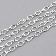 Brass Figaro Chains, Figure 8 Chains, with Spool, Soldered, Silver Color Plated, 4x3.7x0.4mm and 3.5x2x0.4mm, about 100yard/roll(CHC-S007-08S)