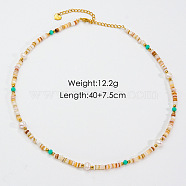 Elegant Handmade Titanium Steel Necklaces, Natural Stone & Pearl & Acrylic Beaded Necklaces, Saddle Brown, 15.75 inch(40cm)(QC1219-1)