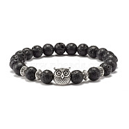 Natural Lava Rock Round Beads Stretch Bracelet, Oil Diffuser Power Stone Jewelry with Alloy Owl for Women, Inner Diameter: 2-1/4 inch(5.7cm)(BJEW-JB07477)