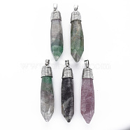 Natural Fluorite Big Pendants, with Platinum Iron Findings and Brass Pinch Bail, Nuggets, 58~60x13~15x13~15mm, Hole: 7x4mm(G-S359-283)