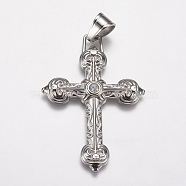 304 Stainless Steel Big Pendants, with Rhinestone, Cross, Stainless Steel Color, 38x55x4mm, Hole: 7x9mm(STAS-K171-33P)
