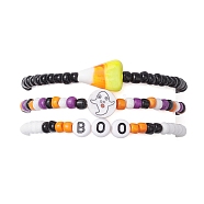 3Pcs 3 Styles Halloween Handmade Lampwork & Glass Seed Beaded Stretch Bracelet Sets, Candy Corn & Ghost Stackable Bracelets for Women Men, Mixed Color, Inner Diameter: 2-1/4~2-3/8 inch(5.7~6cm), 1pc/style(BJEW-JB10460)