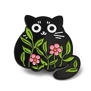 Cartoon Cat & Flower Enamel Pins, Black Alloy Brooch for Backpack Clothes, Olive Drab, 30x30x1.5mm(JEWB-H017-01EB-01)