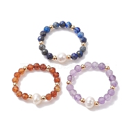 3Pcs Natural Lapis Lazuli/Garnet/Amethyst with Plastic Pearl with Glass Braided Beaded Finger Rings, Mixed Color, Inner Diameter: 18.5~20mm, 3pcs/set(RJEW-JR00671)