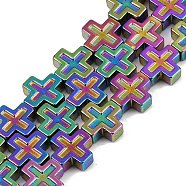 Electroplated Synthetic Non-magnetic Hematite Beads Strands, Cross, Rainbow Plated, 8.5x8.5x3mm, Hole: 0.7mm, about 47pcs/strand, 15.91''(40.4cm)(G-K375-D03-02)