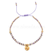 Natural Lapis Lazuli Braided Bead Bracelet, Adjustable Bracelet with Flat Round Charms, (FR2657-11)