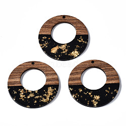 Resin & Walnut Wood Pendants, with Gold Foil, Two Tone, Donut, Black, 38x3mm, Hole: 2mm(RESI-T035-21)