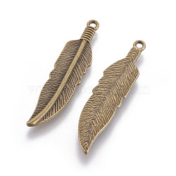 Tibetan Style Alloy Charms, Lead Free & Cadmium Free & Nickel Free, Feather, Antique Bronze, 42x10x2mm, Hole: 2mm(TIBEP-16624-AB-NR)