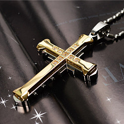 Cross Alloy Crystal Rhinestone Pendant Necklaces for Men, Golden, 21.65~23.62 inch(55~60cm)(FS-WG5CDA8-06)