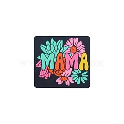 Square with Flower and Word Mama Food Grade Eco-Friendly Silicone Focal Beads, Silicone Teething Beads, Colorful, 26x28mm(PW-WG81493-01)