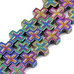 Electroplated Synthetic Non-magnetic Hematite Beads Strands, Cross, Rainbow Plated, 8.5x8.5x3mm, Hole: 0.7mm, about 47pcs/strand, 15.91''(40.4cm)(G-K375-D03-02)