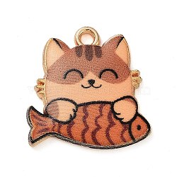 Rack Plating Alloy Enamel Pendants, Golden, Cat with Fish Charm, Saddle Brown, 18x18x3mm, Hole: 2mm(FIND-Q099-11G-05)