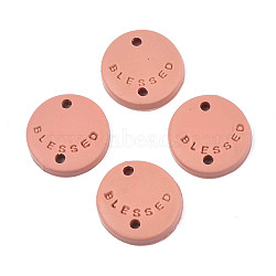 Handmade Polymer Clay Connector Charms, Flat Round with Word Blessed, Coral, 25x2.5mm, Hole: 1.8mm(CLAY-N010-050)