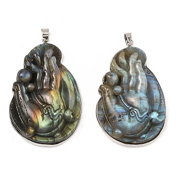 Natural Labradorite Big Pendants, with Rack Plating Brass, Long-Lasting Plated, Lead Free & Cadmium Free, Buddha's-hand, Platinum, 51.5x33.5x11mm, Hole: 5x4mm