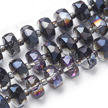 Electroplat Glass Beads Strands, Rainbow Plated, Faceted, Rondelle, Black, 8x5mm, Hole: 1.2mm, about 80pcs/strand, 22.83 inch