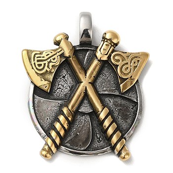Viking 304 Stainless Steel Pendants, Flat Round with Double Axe Charm, Antique Silver & Golden, 42x35.5x5mm, Hole: 5.5mm