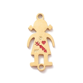 304 Stainless Steel Connector Charms, Girl Links with Red Enamel, Real 18K Gold Plated, 22x10x1.5mm, Hole: 1.6mm