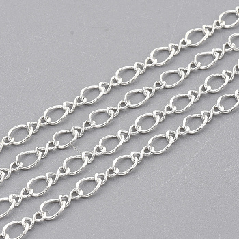 Brass Figaro Chains, Figure 8 Chains, with Spool, Soldered, Silver Color Plated, 4x3.7x0.4mm and 3.5x2x0.4mm, about 100yard/roll