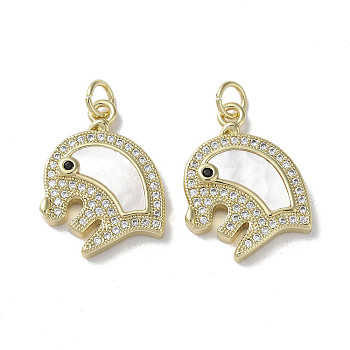 Brass Micro Pave Cubic Zirconia Pendants, with Shell, Elephant, Real 18K Gold Plated, 21x16x3.5mm, Hole: 3mm