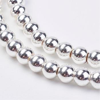Non-magnetic Synthetic Hematite Bead Strands, Round, Silver Plated, 4mm, Hole: 1mm, about 103pcs/strand, 15.7 inch