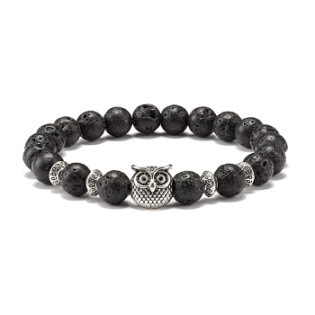 Natural Lava Rock Round Beads Stretch Bracelet, Oil Diffuser Power Stone Jewelry with Alloy Owl for Women, Inner Diameter: 2-1/4 inch(5.7cm)