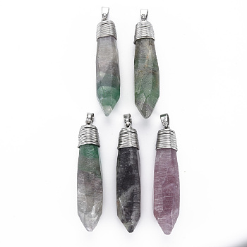 Natural Fluorite Big Pendants, with Platinum Iron Findings and Brass Pinch Bail, Nuggets, 58~60x13~15x13~15mm, Hole: 7x4mm