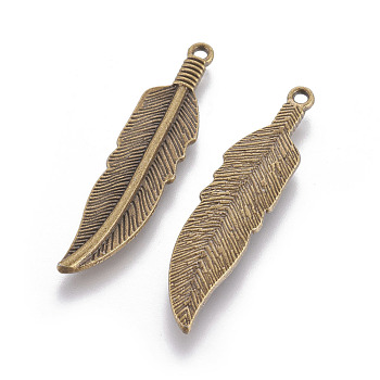 Tibetan Style Alloy Charms, Lead Free & Cadmium Free & Nickel Free, Feather, Antique Bronze, 42x10x2mm, Hole: 2mm