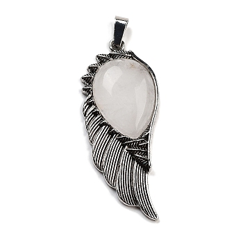 Natural Quartz Crystal Big Pendants, Rock Crystal Wing Charms with Alloy Findings, Antique Silver, 56.5~57x22.5~23x7~8mm, Hole: 4x8.5mm