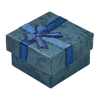 Cardboard Jewelry Set Box, for Necklace, Ring, Earring Packaging, with Bowknot Ribbon Outside and White Sponge Inside, Square, Cadet Blue, 4.25x4.15x2.6cm