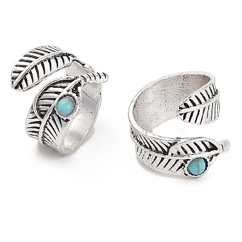 Synthetic Turquoise Cuff Rings, Alloy Leaf Open Rings for Women, Cadmium Free & Lead Free, Antique Silver, Inner Diameter: 17mm