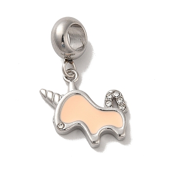 304 Stainless Steel Enamel European Dangle Charms, Large Hole Pendants with Crystal Rhinestone, Unicorn, Stainless Steel Color, PeachPuff, 26mm, Pendant: 15x16x2.5mm, Hole: 4.5mm