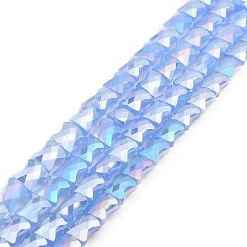 AB Color Plate Glass Beads Strands, Imitation Jade, Faceted Bamboo Stick, Cornflower Blue, 10.5~11x8x5mm, Hole: 1mm, about 60pcs/strand, 24.80~25.20''(63~64cm)
