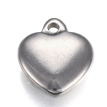 304 Stainless Steel Charms, Heart, Stainless Steel Color, 13x12x3mm, Hole: 1.6mm