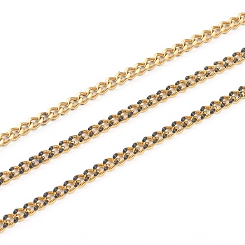 Handmade 304 Stainless Steel Enamel Curb Chains,Golden, with Spool, Unwelded, Long-Lasting Plated, Oval, Black, 5x4x1.5mm, , 32.8 Feet(10m)/roll