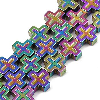 Electroplated Synthetic Non-magnetic Hematite Beads Strands, Cross, Rainbow Plated, 8.5x8.5x3mm, Hole: 0.7mm, about 47pcs/strand, 15.91''(40.4cm)