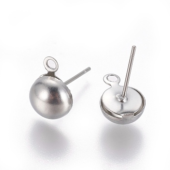 Stainless Steel Stud Earring Findings, with Loop, Half Round, Stainless Steel Color, 10.5x8mm, Hole: 1.6mm, Pin: 0.7mm