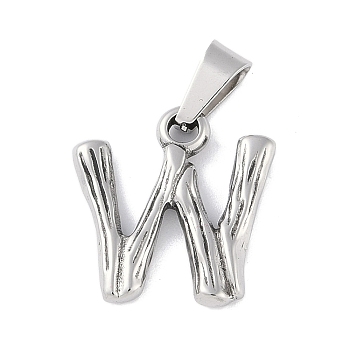 Non-Tarnish 304 Stainless Steel Pendants, Bamboo Style, Stainless Steel Color, Letter.W, 19x16x3mm, Hole: 3x7mm