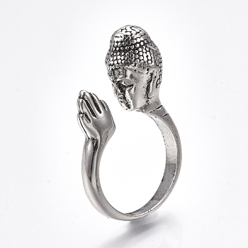 Alloy Cuff Finger Rings, Wide Band Rings, Buddha, Antique Silver, US Size 8 1/2(18.5mm)