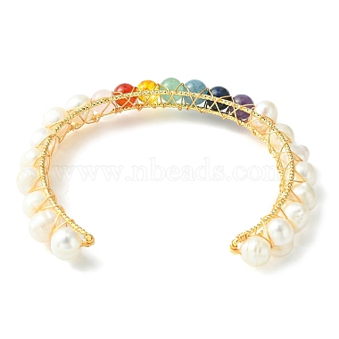 Natural Pearl Bead & Mixed Gemstone Beads Cuff Bangles for Women Girl Gift(BJEW-JB06826-03)-2