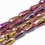 Electroplate Glass Beads Strands, Faceted Teardrop, Camellia, 9~9.5x4mm, Hole: 1mm, about 67~70pcs/strand, 24.01~25.59 inch(61~65cm)(X-EGLA-Q099-D01)