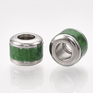 304 Stainless Steel European Beads, with Fiber, Large Hole Beads, Column with Basket Weave Pattern, Stainless Steel Color, Green, 10x8mm, Hole: 5mm(STAS-S079-99C-P)