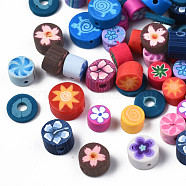 Handmade Polymer Clay Beads, Flat Round with Mixed Pattern, Mixed Color, 3.5~5x2.5~3mm, Hole: 0.8mm(CLAY-S092-75C)
