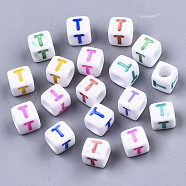 Opaque White Acrylic Beads, with Enamel, Horizontal Hole, Cube with Mixed Color Letter, Letter.T, 6x6x6mm, Hole: 3mm, about 2900pcs/500g(SACR-R252-02T)