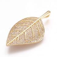 Brass Micro Pave Cubic Zirconia Pendants, Real 18K Gold Plated, Leaf, 41.5x23x5mm, Hole: 2x4mm(ZIRC-E124-67G)