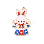Alloy Enamel Pendants, Golden, Rabbit with Playing Cards Charm, Red, 33x22x1.5mm, Hole: 2mm(ENAM-M055-23G-02)
