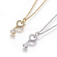304 Stainless Steel Pendant Necklaces, with Brass Cubic Zirconia Pendants, Heart Key, Mixed Color, 17.32 inch~17.71 inch(44~45cm), Pendant: 17x8x3.5mm(NJEW-E141-12)