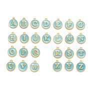 Initial Letter A~Z Alphabet Enamel Charms, Flat Round Disc Double Sided Charms, Golden Plated Enamelled Sequins Alloy Charms, Light Sky Blue, 14x12x2mm, Hole: 1.5mm, 26pcs/set(ENAM-Q437-02)